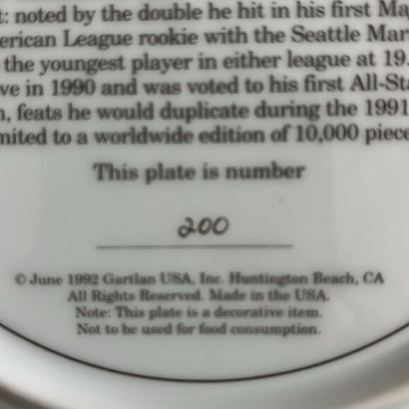 Ken Griffey Jr Mariners Seattle Thunder 8 1/2” collector baseball plate #200 - Picture 4 of 4